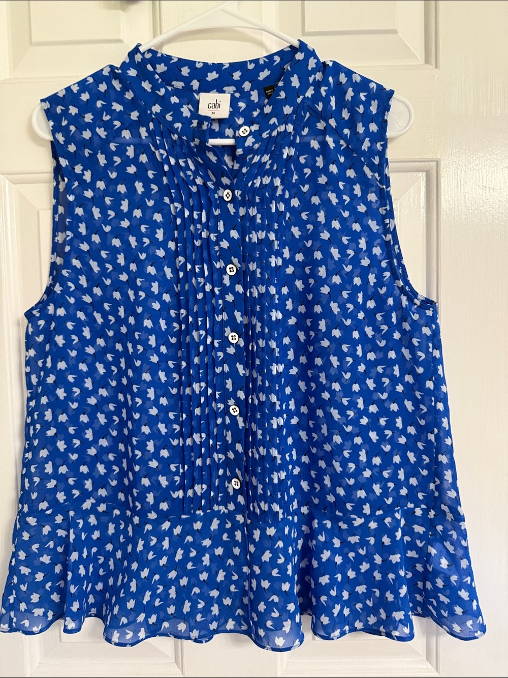 CAbi Royal Blue and White Sleeveless Pleated Button-Front Blouse